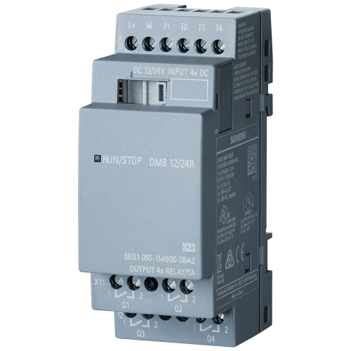 LOGO! 8 DM8 12/24R digital expansion module, 12/24 V DC, 4 digital inputs and 4 relay outputs. Two module widths.