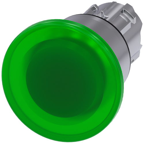 Illuminated mushroom pushbutton, 22 mm, round, metal, shiny, green, 40 mm, latching, Pull-to-unlatch mechanism