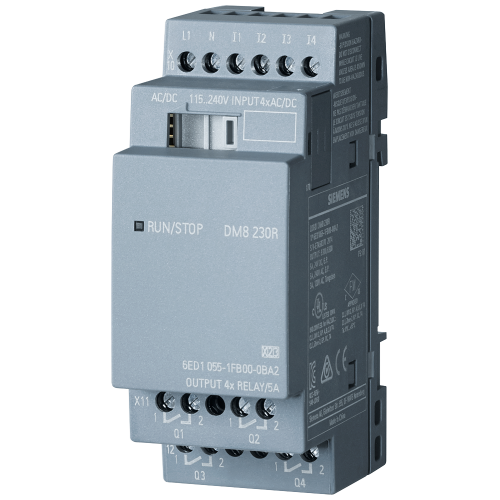 LOGO! 8 DM8 230R digital expansion module, 230 V, 4 digital inputs and 4 relay outputs. Two module widths.