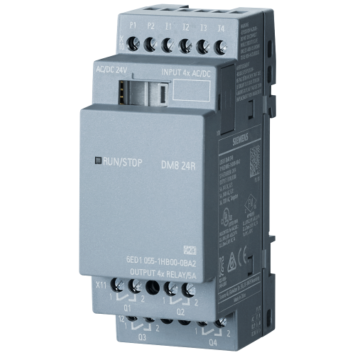 LOGO! 8 DM8 24R digital expansion module, 24 V AC/DC, 4 digital inputs and 4 relay outputs. Two module widths.