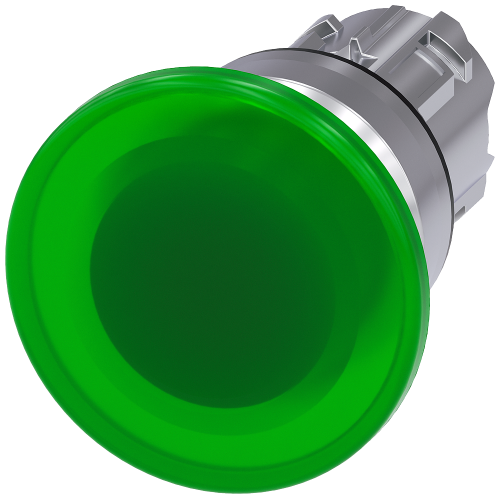 Illuminated mushroom pushbutton, 22 mm, round, metal, shiny, green, 40 mm, momentary contact type