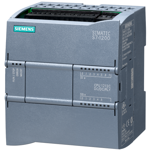 SIMATIC S7-1200, CPU 1212C, DC/DC/Relay, 20.4–28.8 V DC; 8 digital, 24 V DC; 6 relay outputs.
