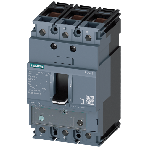 SENTRON 3VA1 frame 160 moulded case circuit breaker, 40 A, 3 pole, 36 kA at 415 V. TM240 adjustable thermal/magnetic protection, box terminals.