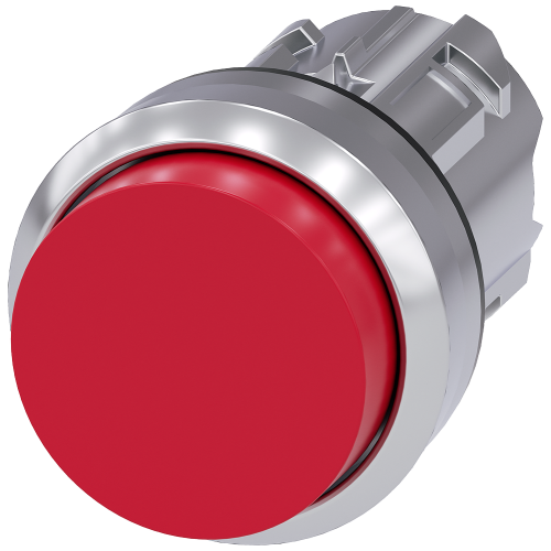 Pushbutton, 22 mm, round, metal, shiny, red, pushbutton, raised, latching, Push-to-release mechanism