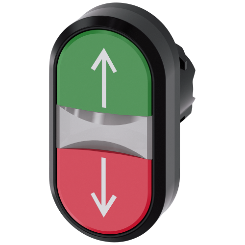 Illuminated twin pushbutton, 22 mm, round, plastic, green: arrow pointing up, red: arrow pointing down, pushbuttons, flat