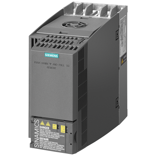 SINAMICS G120C drive, 5.5 kW high overload / 7.5 kW low overload, 400 V three phase, USS / Modbus RTU, integrated Class A filter.
