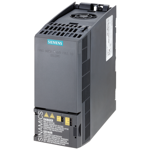 SINAMICS G120C drive, 0.37 kW high overload / 0.55 kW low overload, 400 V three phase, USS / Modbus RTU, integrated Class A filter.