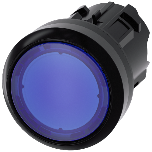 Blue - Plastic illuminated push button with flat button, momentary Contact
