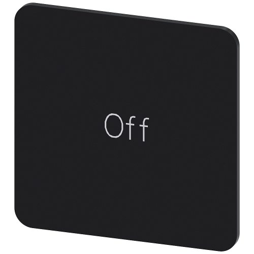 Labeling plate for snapping on or gluing on label holder, Label size 27x27 mm, black label, white font, with inscription: Off