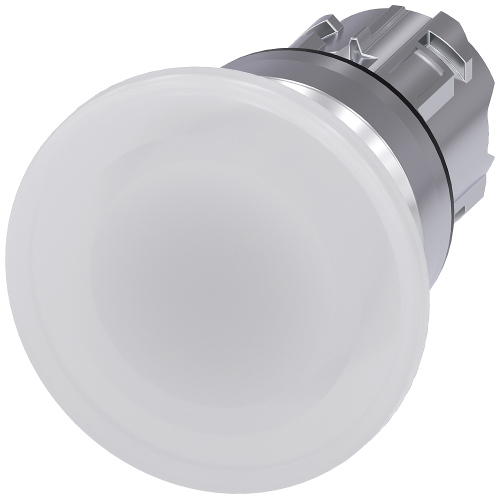 Illuminated mushroom pushbutton, 22 mm, round, metal, shiny, white, 40 mm, momentary contact type