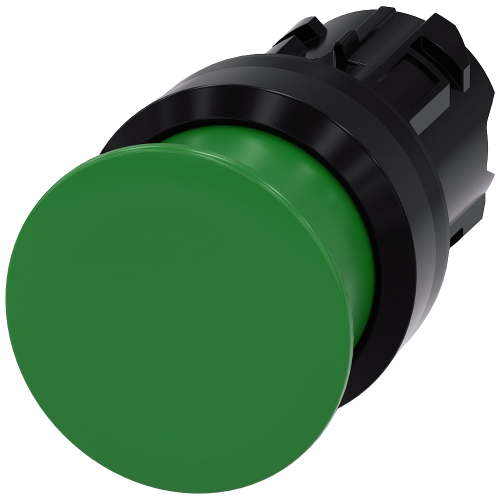 Mushroom pushbutton, 22 mm, round, plastic, green, 30 mm, momentary contact type