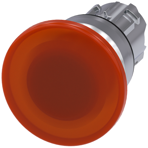 Illuminated mushroom pushbutton, 22 mm, round, metal, shiny, amber, 40 mm, momentary contact type