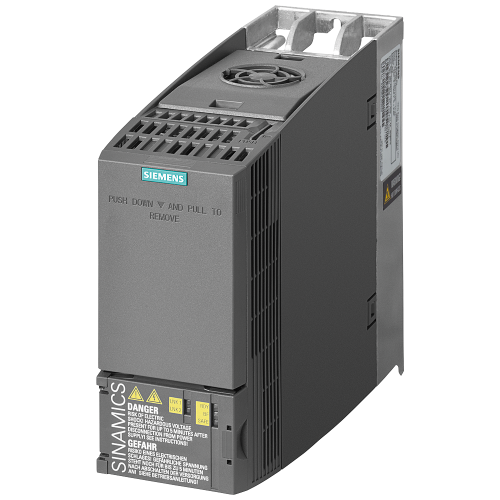 SINAMICS G120C drive, 2.2 kW high overload / 3 kW low overload, 400 V three phase, USS / Modbus RTU, integrated Class A filter.
