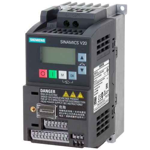 SINAMICS V20 drive, 0.75 kW, 230 V single phase, FSAB, integrated C1 EMC filter.