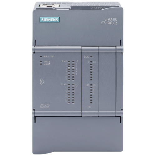 SIMATIC S7-1200 G2, CPU 1214C, AC/DC/Relay, 85–264 V AC; 14 digital, 24 V DC; 10 relay outputs.