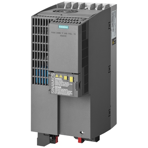 SINAMICS G120C drive, 7.5 kW high overload / 11 kW low overload, 400 V three phase, USS / Modbus RTU, integrated Class A filter.
