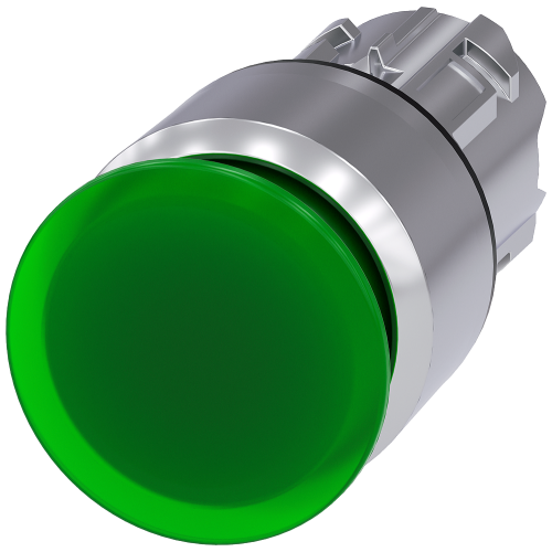 Illuminated mushroom pushbutton, 22 mm, round, metal, shiny, green, 30 mm, latching, Pull-to-unlatch mechanism