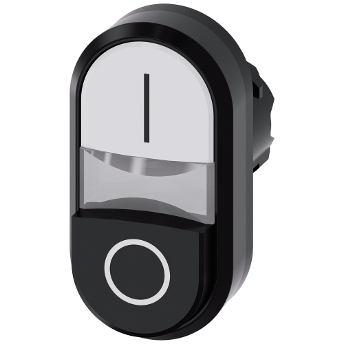 Illuminated twin pushbutton, 22 mm, round, plastic, white: I, Black: O, pushbuttons, flat and raised