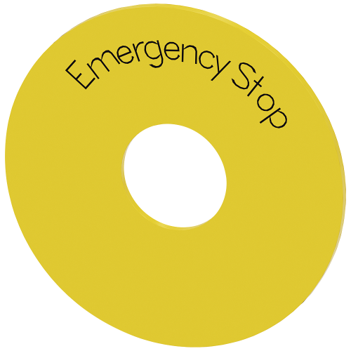 Washer for emergency stop, yellow, with inscription: EMERGENCY STOP, outer diameter 75 mm, Inside di