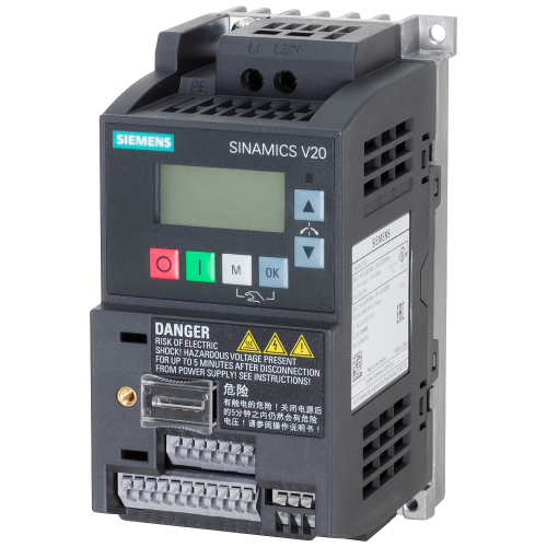 SINAMICS V20 drive, 0.12 kW, 230 V single phase, FSAA, integrated C1 EMC filter.