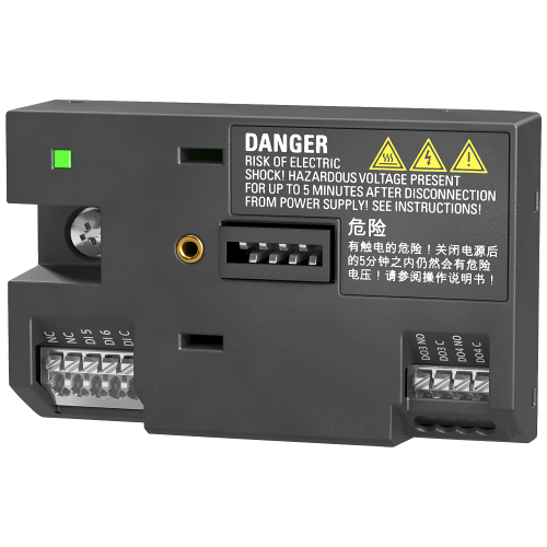 SINAMICS V20 I/O extension module, adding 2 digital inputs and 2 relay outputs.