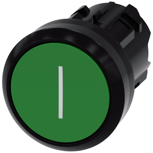 Pushbutton, 22 mm, round, plastic, green, inscription: I, pushbutton, flat, momentary contact type