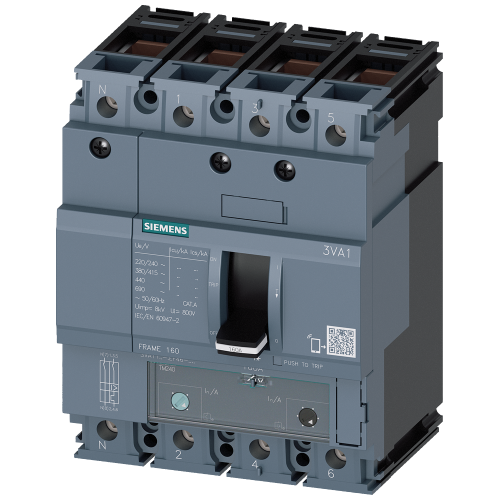 SENTRON 3VA1 frame 160 moulded case circuit breaker, 100 A, 4 pole, 36 kA at 415 V. TM240 adjustable thermal/magnetic protection, box terminals. Switched neutral is unprotected.