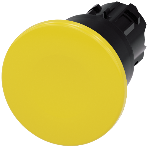 Mushroom pushbutton, 22 mm, round, plastic, yellow, 40 mm, latching, Pull-to-unlatch mechanism
