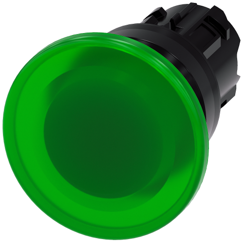 Illuminated mushroom pushbutton, 22 mm, round, plastic, green, 40 mm, momentary contact type