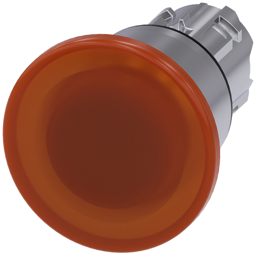 Illuminated mushroom pushbutton, 22 mm, round, metal, shiny, amber, 40 mm, latching, Pull-to-unlatch