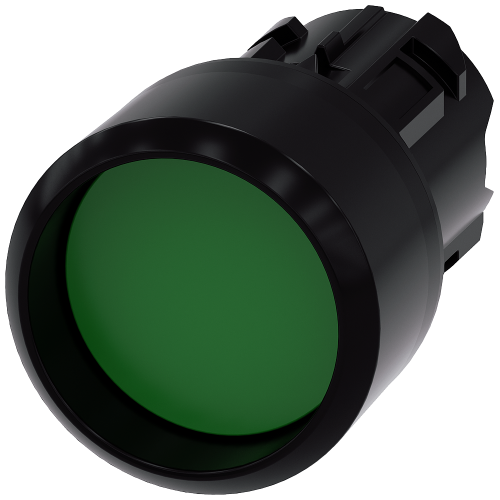 Pushbutton, 22 mm, round, plastic, green, Front ring, raised momentary contact type