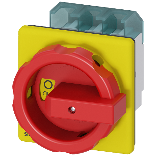 SENTRON 3LD2 switch disconnector, 63 A, 3 pole, front mounting, red/yellow handle. AC-23A 22 kW at 400 V.