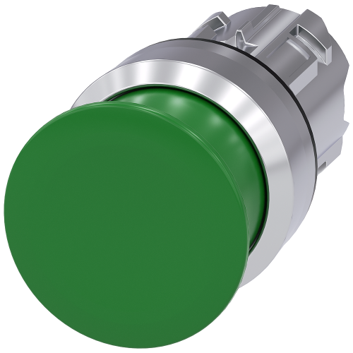 Mushroom pushbutton, 22 mm, round, metal, shiny, green, 30 mm, momentary contact type