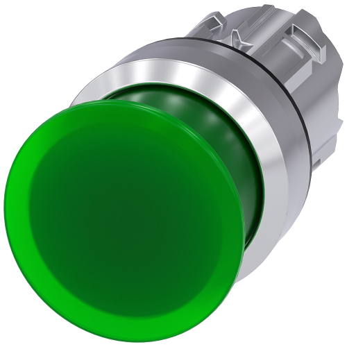 Illuminated mushroom pushbutton, 22 mm, round, metal, shiny, green, 30 mm, momentary contact type
