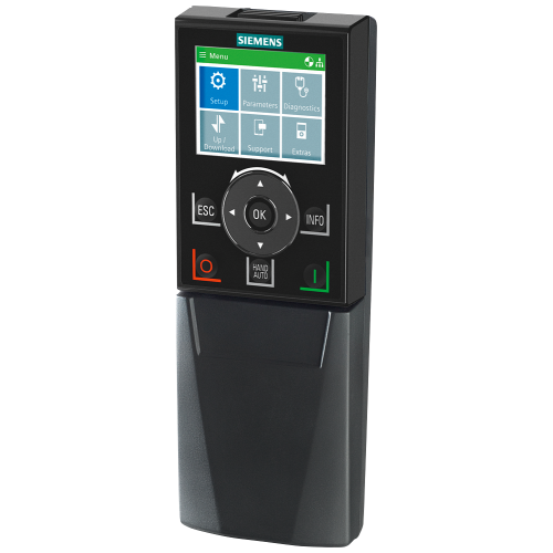 IOP-2 handheld commissioning set with operator panel, handheld housing, rechargeable batteries, charger, RS232 cable and USB cable.
