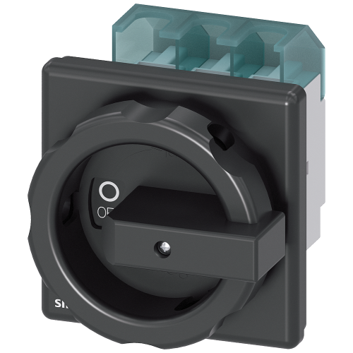 SENTRON 3LD2 switch disconnector, 63 A, 3 pole, front mounting, black handle. AC-23A 22 kW at 400 V.