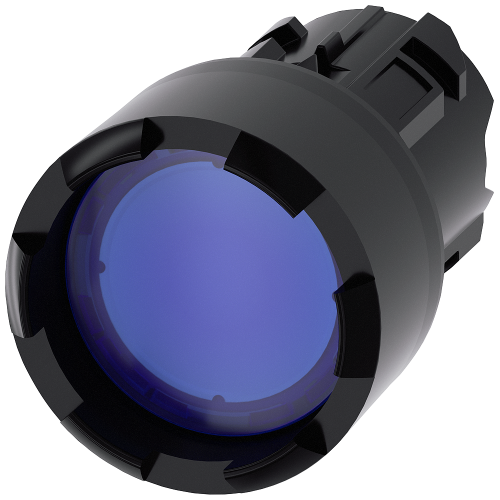 Illuminated pushbutton, 22 mm, round, plastic, blue, Front ring, raised, castellated, momentary contact type