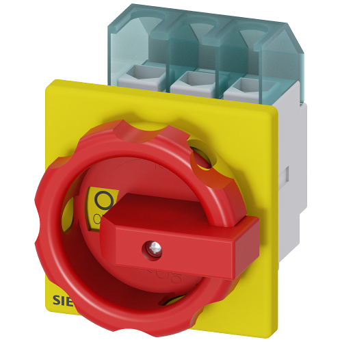 SENTRON 3LD2 switch disconnector, 32 A, 3 pole, front mounting, red/yellow handle. AC-23A 11.5 kW at 400 V.