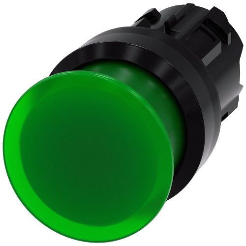 Illuminated mushroom pushbutton, 22 mm, round, plastic, green, 30 mm, momentary contact type