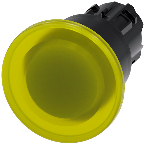 Illuminated mushroom pushbutton, 22 mm, round, plastic, yellow, 40 mm, latching, Pull-to-unlatch mechanism