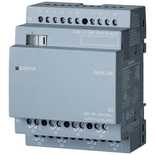 LOGO! 8 DM16 230R digital expansion module, 230 V AC/DC, 8 digital inputs and 8 relay outputs.