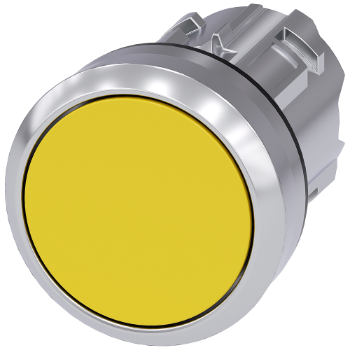 Pushbutton, 22 mm, round, metal, shiny, yellow, pushbutton, flat, latching, Push-to-release mechanism