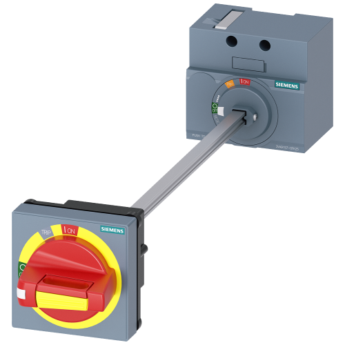 SENTRON 3VA10/11 door-mounted rotary operator, red/yellow, with door interlock and 300 mm shaft.
