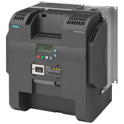 SINAMICS V20 drive, 22 kW HO / 30 kW LO, 400 V three phase, FSE, integrated C3 EMC filter.