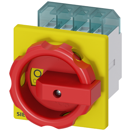 SENTRON 3LD2 switch disconnector, 16 A, 3 pole, front mounting, red/yellow handle. AC-23A 7.5 kW at 400 V.