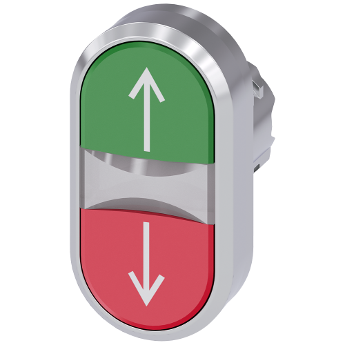 Illuminated twin pushbutton, 22 mm, round, metal, shiny, red: arrow pointing up, green: arrow pointing down, pushbuttons, flat