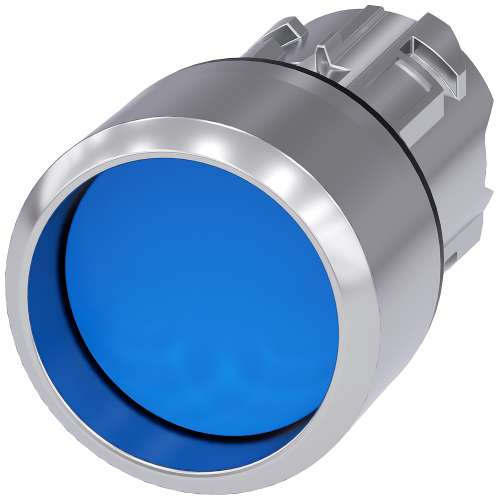 Pushbutton, 22 mm, round, metal, shiny, blue, Front ring, raised, momentary contact type