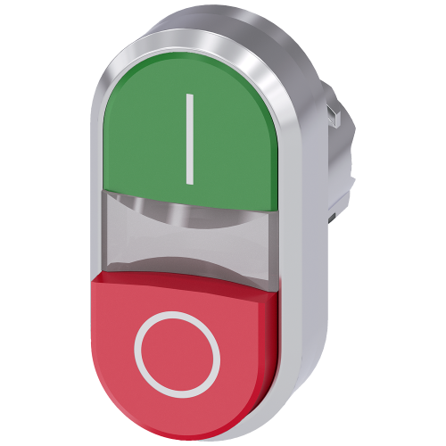 Twin pushbutton, 22 mm, round, metal, shiny, green: I, red: O, pushbuttons, flat and raised
