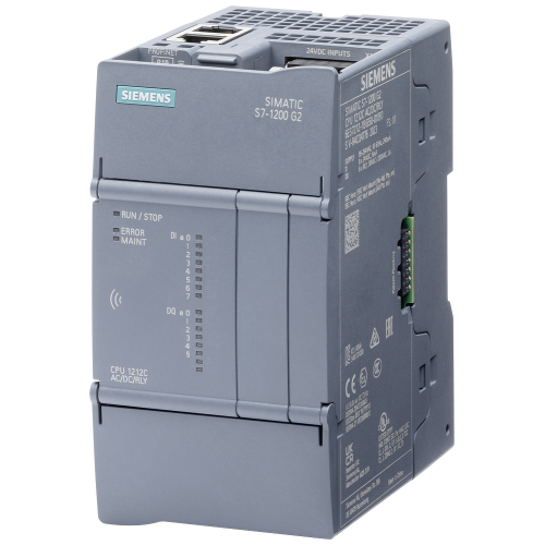 SIMATIC S7-1200 G2, CPU 1212C, DC/DC/DC, 20.4–28.8 V DC; 8 digital, 24 V DC; 6 transistor outputs.