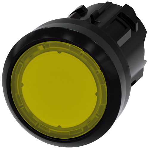 Yellow - Plastic illuminated push button with flat button, momentary Contact
